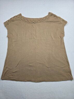 Lauren Ralph Lauren Womens Beige Crochet Neckline Top 1X 100% Cotton